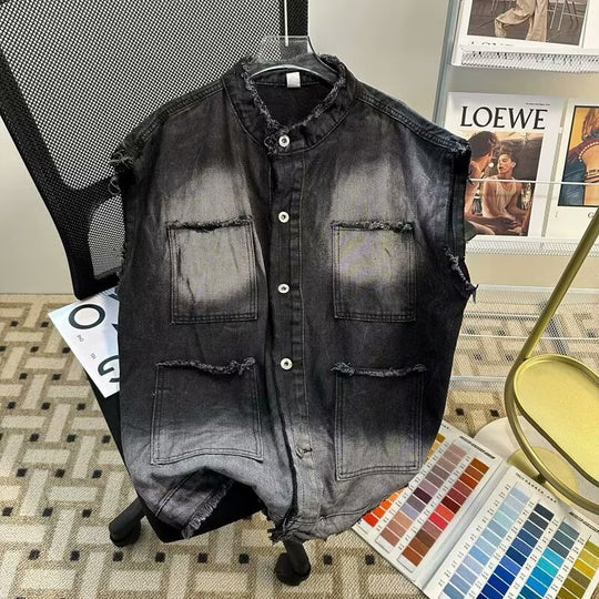 Herren Ärmellose Denim‑Weste im Vintage‑Used‑Look mit ausgefranster Saumkante und Ombre‑Fading Nord Taschen