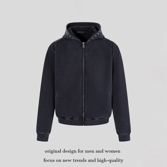 Herren Kurz geschnittene Zip‑Kapuzenjacke aus Velours mit Nietenbesetzter Kapuze Nord Taschen