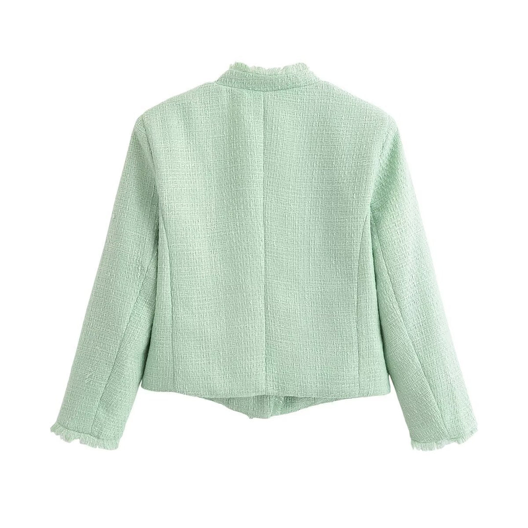 Damen Kurzblazer aus Bouclé‑Tweed mit Stehkragen, Fransenabschluss und taillierter Silhouette Nord Taschen