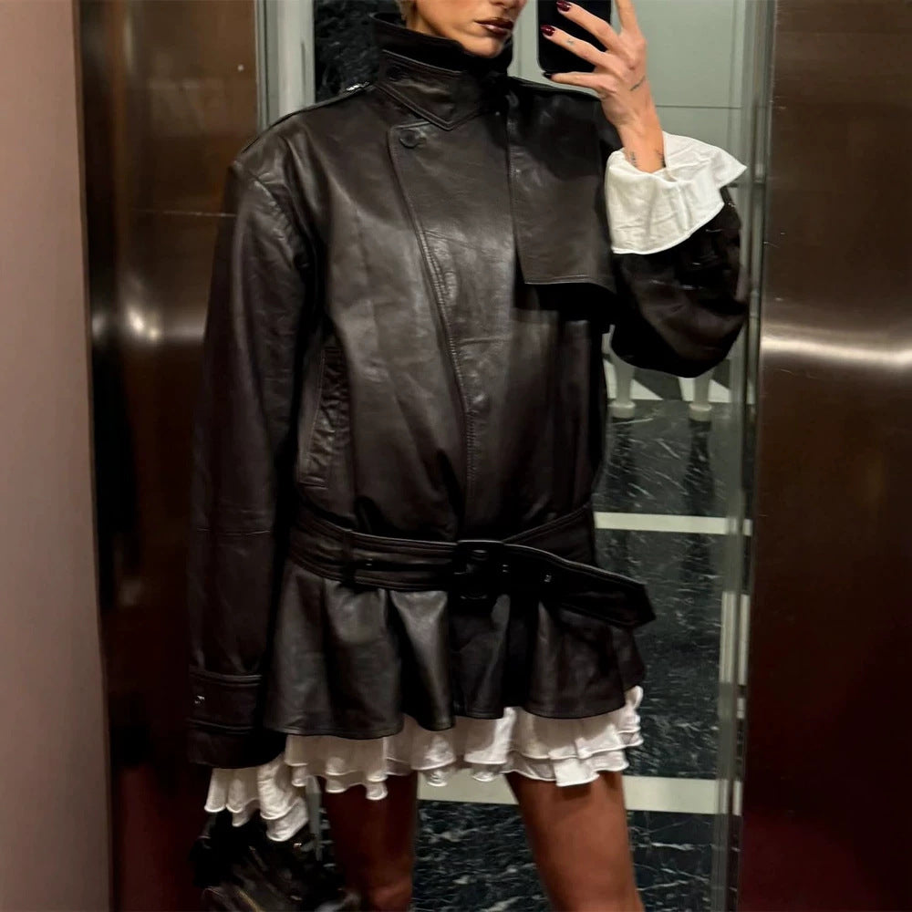 Damen Oversize-Lederjacke mit taillierendem Bindegürtel und Volant-Saum Nord Taschen