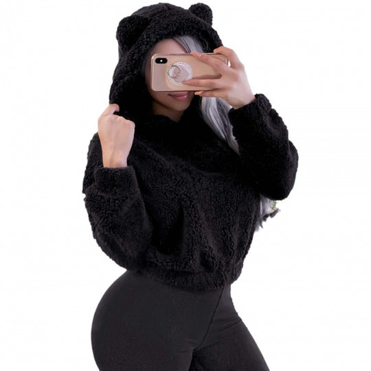 Damen Kurzer Kapuzen‑Sherpa‑Pullover mit Kängurutasche und elastischem Saum Nord Taschen