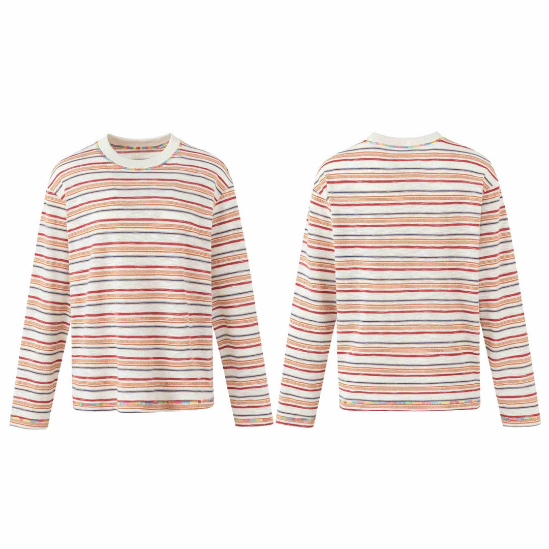 Damen Leichtes gestreiftes Langarm-Strickshirt mit Rundhalsausschnitt Nord Taschen