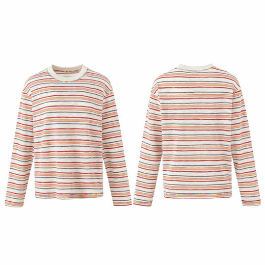 Damen Leichtes gestreiftes Langarm-Strickshirt mit Rundhalsausschnitt Nord Taschen