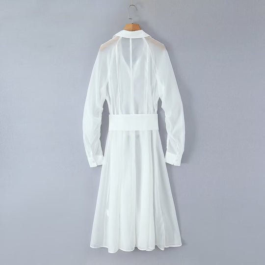Damen Transparentes Hemdblusenkleid mit weitem Taillengürtel und Volantrock Nord Taschen