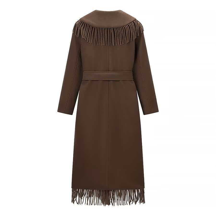 Damen Langer Fransen-Wollmix-Mantel mit Kapuze, Bindegürtel und aufgesetzten Taschen Nord Taschen