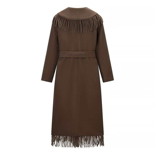 Damen Langer Fransen-Wollmix-Mantel mit Kapuze, Bindegürtel und aufgesetzten Taschen Nord Taschen