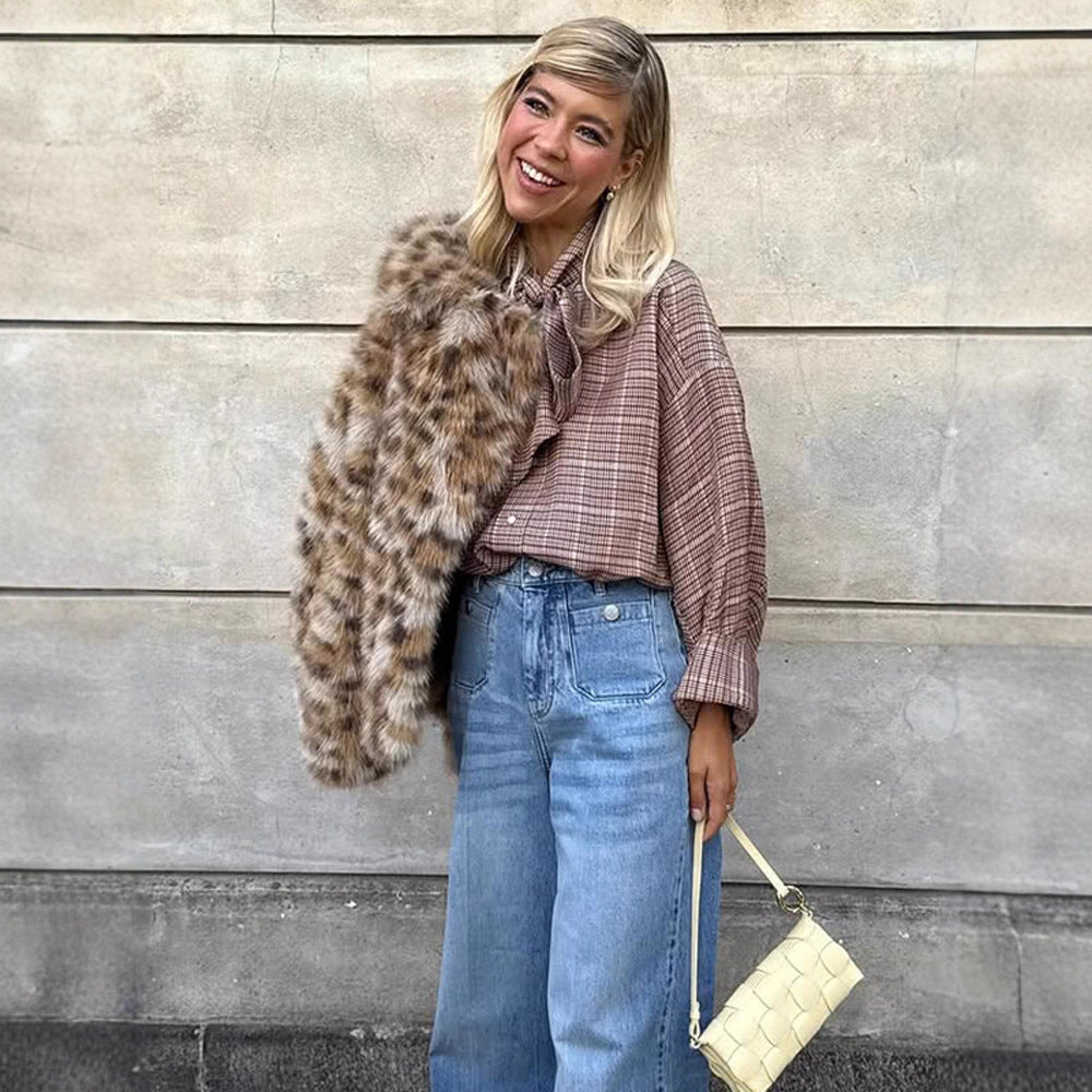 Damen Kurze Kunstpelzjacke im Leo-Muster mit kastiger Silhouette und weitem Kragen Nord Taschen