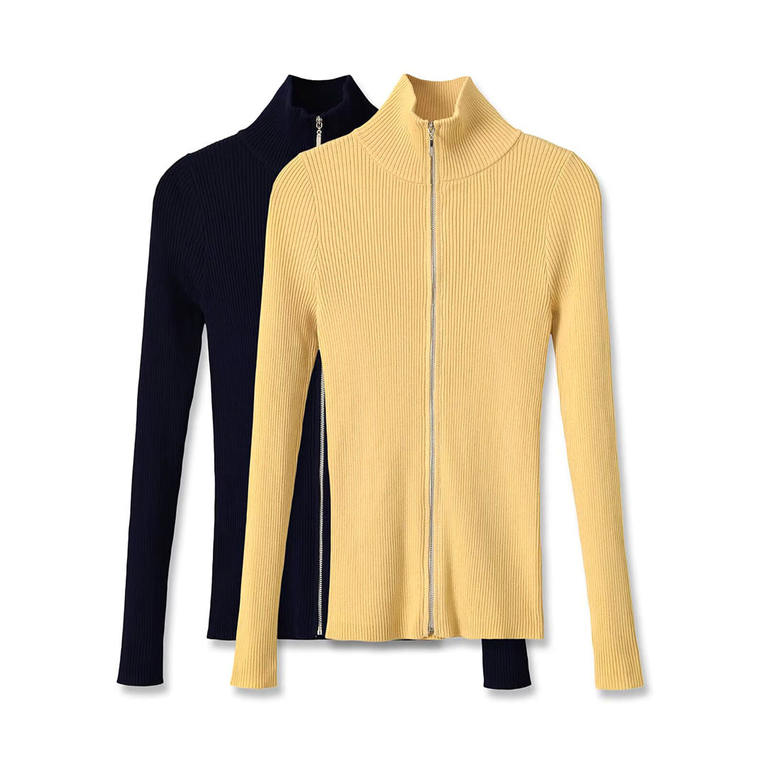 Damen Gerippter Feinstrick-Cardigan mit durchgehendem Reißverschluss und Stehkragen Nord Taschen
