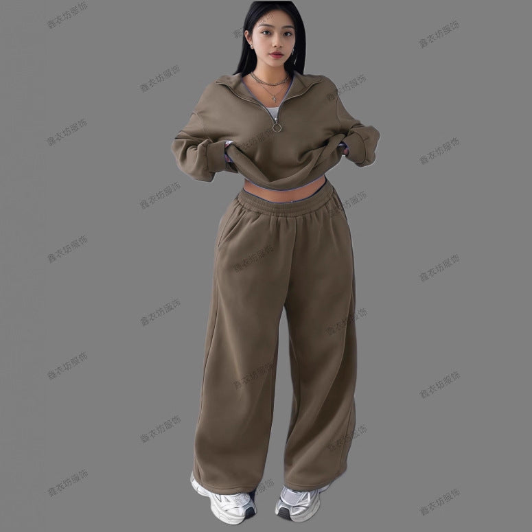 Damen Cropped Oversize-Sweatshirt mit halbem Reißverschluss und weite High-Waist Jogginghose Set Nord Taschen