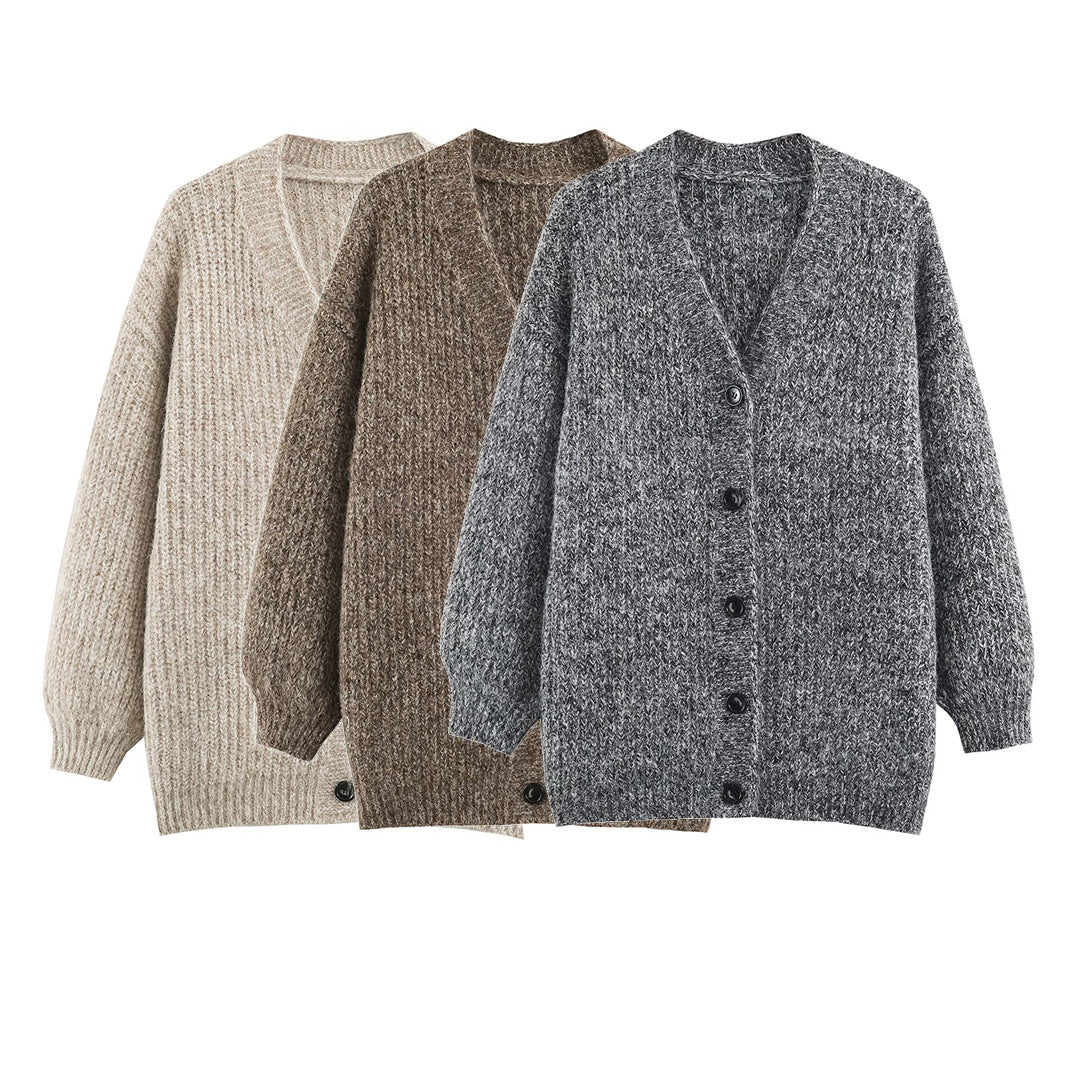 Damen Oversized Grobstrick-Cardigan mit tiefem V-Ausschnitt, Rippenstruktur und Ballonärmeln Nord Taschen