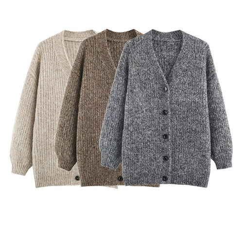 Damen Oversized Grobstrick-Cardigan mit tiefem V-Ausschnitt, Rippenstruktur und Ballonärmeln Nord Taschen