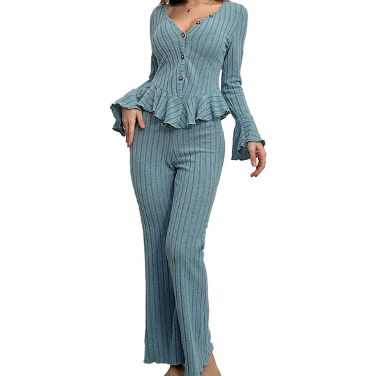 Damen geripptes Lounge-Set mit V‑Ausschnitt Knopfleiste Peplum-Top und weitem Palazzo-Hose Nord Taschen