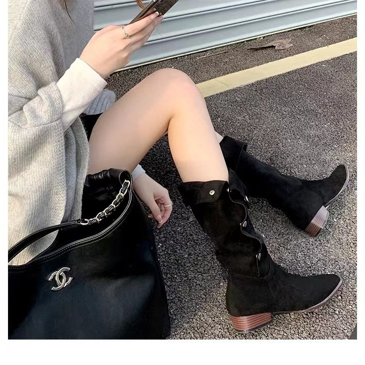 Damen Wadenhohe Velourslederstiefel mit umklappbarer Manschette und spitzer Kappe Nord Taschen