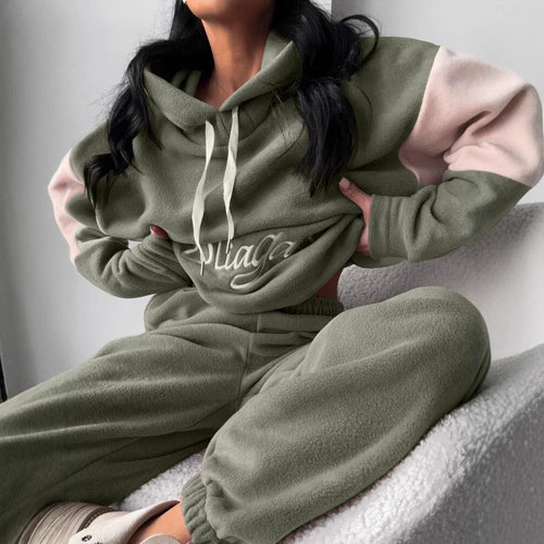 Damen kuscheliges Hoodie-Set mit kontrastärmel, elastischer High-Waist-Jogginghose und überschnittener Kapuze Nord Taschen
