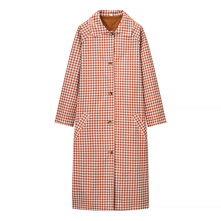 Damen Karo-Trenchcoat mittellang mit Knopfleiste und kontrastgefütterten Manschetten Nord Taschen