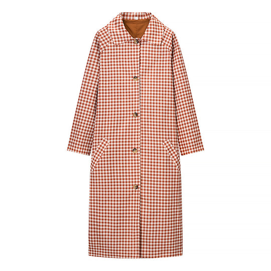 Damen Karo-Trenchcoat mittellang mit Knopfleiste und kontrastgefütterten Manschetten Nord Taschen