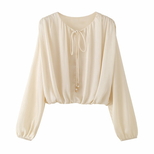 Damen Leichte Plissée-Cropped-Bluse mit Tunnelzugkragen und Ballonärmeln Nord Taschen