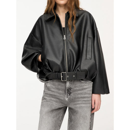 Damen Oversized Lederimitat-Blouson mit Taillengürtel Nord Taschen