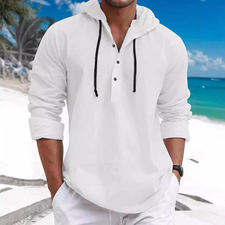 Herren nan sommerliches Hoodie-Henley mit verdeckter Knopfleiste, Kordelzug und gerundetem Saum