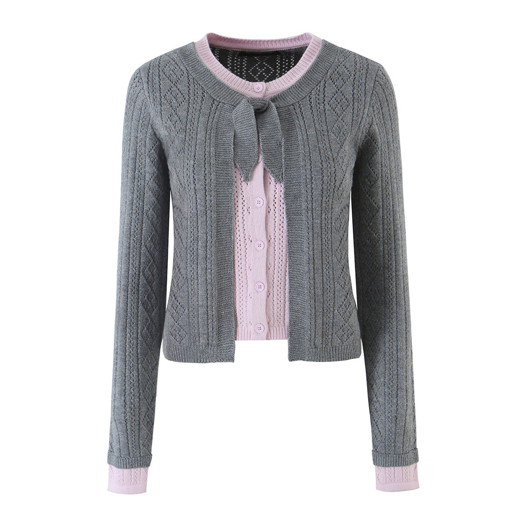 Damen Feinstrick-Zweiteiler Cardigan mit Schleifenkragen und Zierweste Nord Taschen