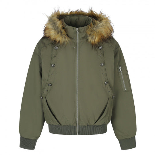 Damen Gefütterte Bomberjacke mit Kapuze und Kunstfellkragen Wattierte Winterjacke Nord Taschen