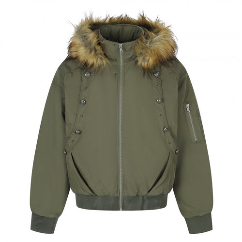Damen Gefütterte Bomberjacke mit Kapuze und Kunstfellkragen Wattierte Winterjacke Nord Taschen