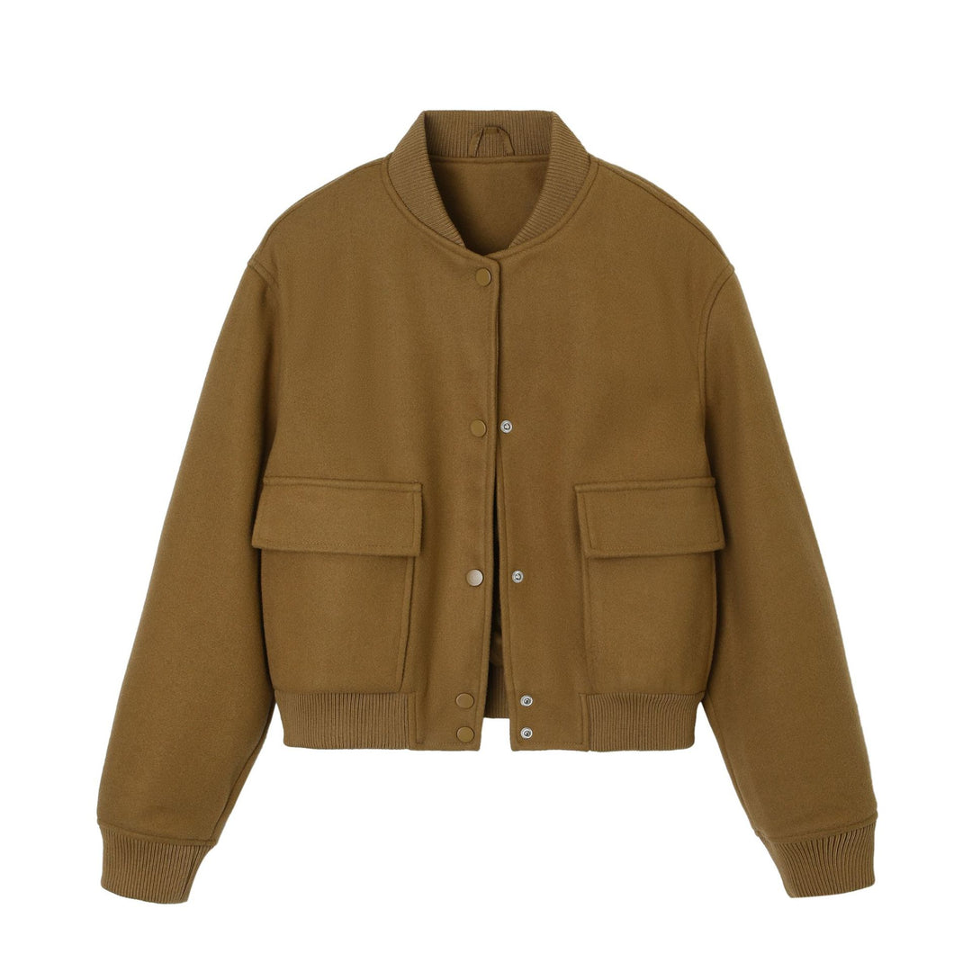 Damen kurze Woll-Bomberjacke mit aufgesetzten Pattentaschen und Rippbündchen Nord Taschen