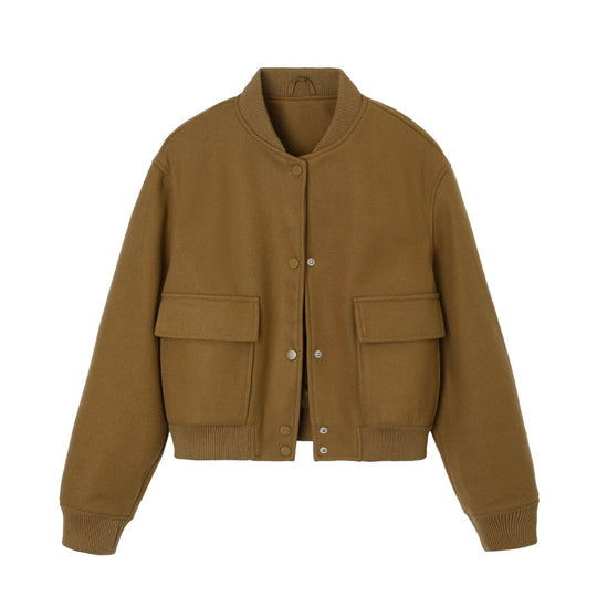 Damen kurze Woll-Bomberjacke mit aufgesetzten Pattentaschen und Rippbündchen Nord Taschen