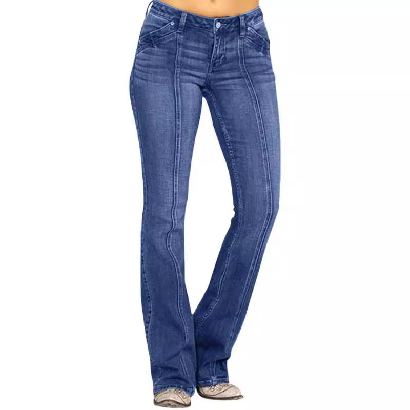 Damen weite Schlagjeans mit hochgeschnittener Taille, figurbetontem Hüftschnitt und elastischem Denim Nord Taschen