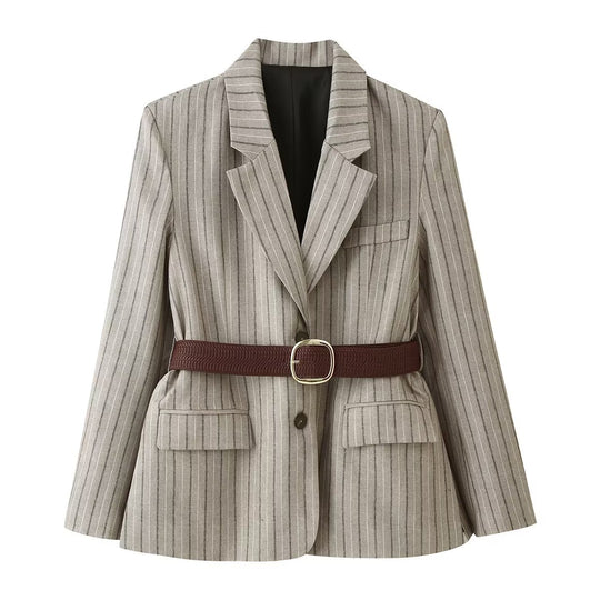 Damen Taillierter Leinenmix-Blazer mit Nadelstreifen, Pattentaschen und Taillengürtel-Detail Nord Taschen