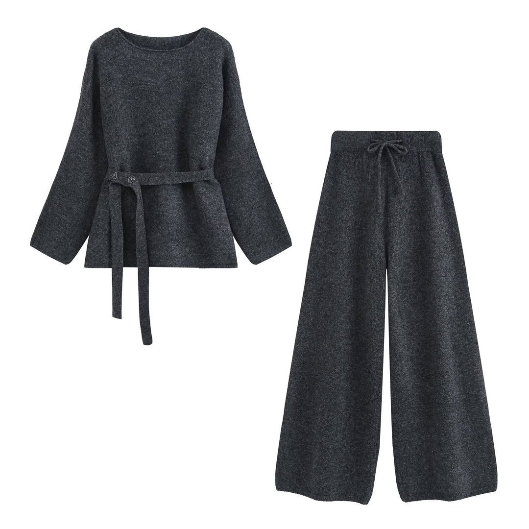 Damen Zweiteiliges Strick-Lounge-Set mit Taillengürtel und weiter Palazzo-Hose Nord Taschen