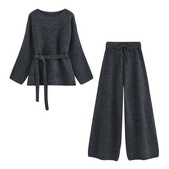 Damen Zweiteiliges Strick-Lounge-Set mit Taillengürtel und weiter Palazzo-Hose Nord Taschen