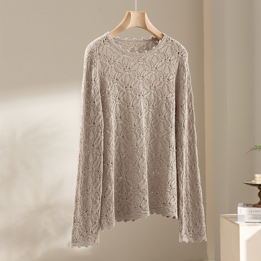 Damen Feines Häkel-Longsleeve mit floraler Lochmuster-Struktur und legerer Silhouette Nord Taschen