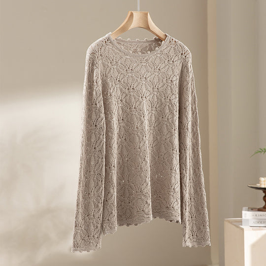 Damen Feines Häkel-Longsleeve mit floraler Lochmuster-Struktur und legerer Silhouette Nord Taschen