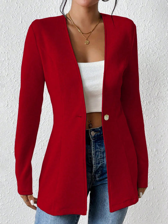Damen Taillierter Longblazer mit V-Ausschnitt und Ein-Knopf-Verschluss Nord Taschen