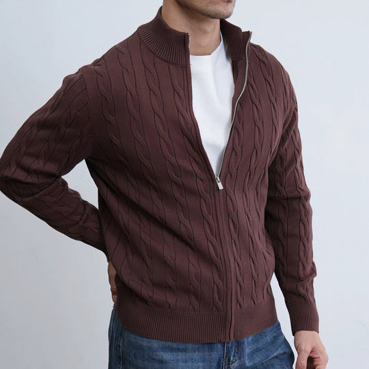 Herren Feiner Zopfmuster-Halbzip-Cardigan mit Rippkragen und silbernem Reißverschluss Nord Taschen