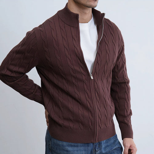Herren Feiner Zopfmuster-Halbzip-Cardigan mit Rippkragen und silbernem Reißverschluss Nord Taschen