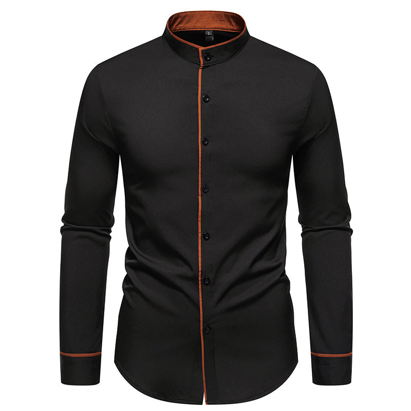 Herren Langarmhemd mit modernem Stehkragen und gesticktem Detail