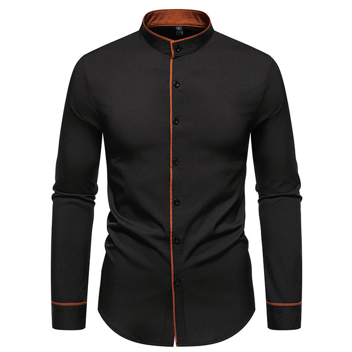 Herren Langarmhemd mit modernem Stehkragen und gesticktem Detail