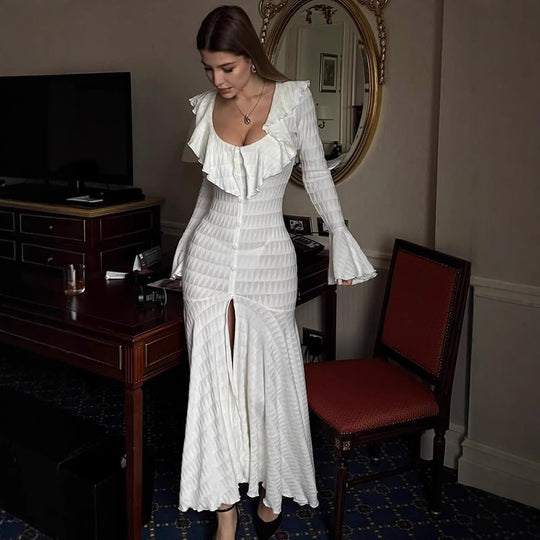 Damen Figurbetontes Maxikleid mit Volant‑Ausschnitt, Glockenärmeln und Schlitz Nord Taschen