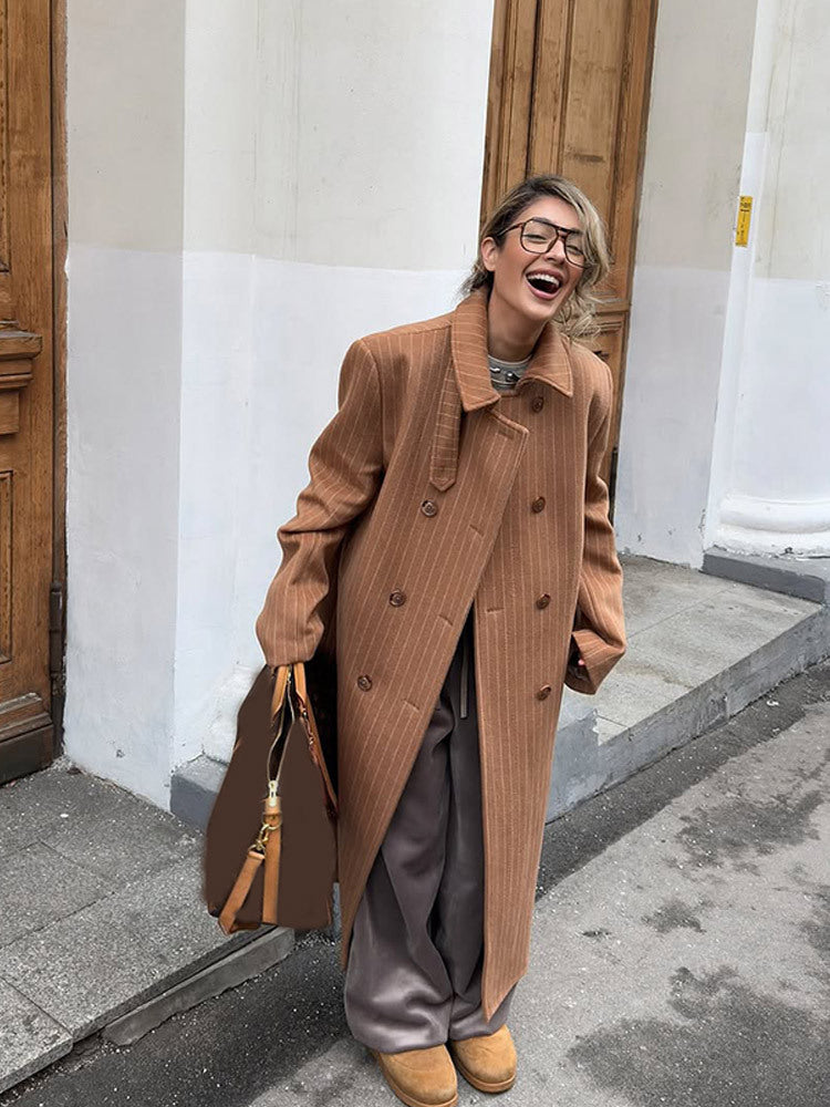 Damen Doppelreihiger Oversize-Wollmixmantel mit Nadelstreifen und weitem Schnitt Nord Taschen