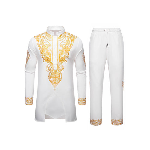 Herren Ornamentales Tunika-Set mit Stehkragen, Halbknopfleiste und goldverziertem Print Nord Taschen
