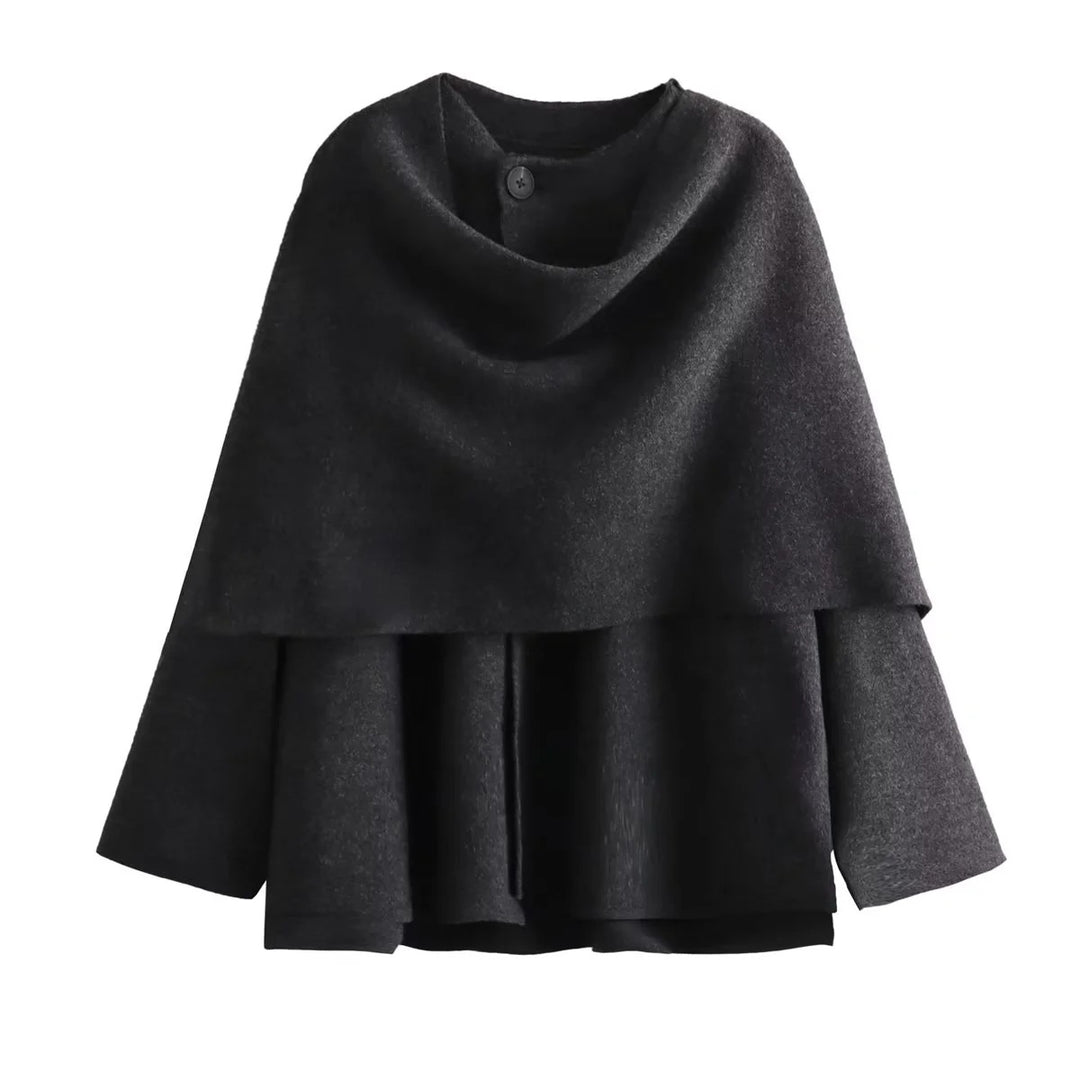Damen 3500+ zweilagiger Wollmix‑Cape‑Poncho mit Knopfkragen und ausgestellten Ärmeln Nord Taschen