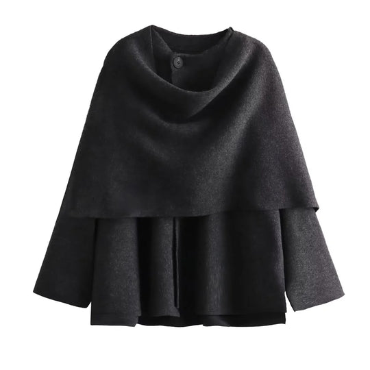 Damen 3500+ zweilagiger Wollmix‑Cape‑Poncho mit Knopfkragen und ausgestellten Ärmeln Nord Taschen