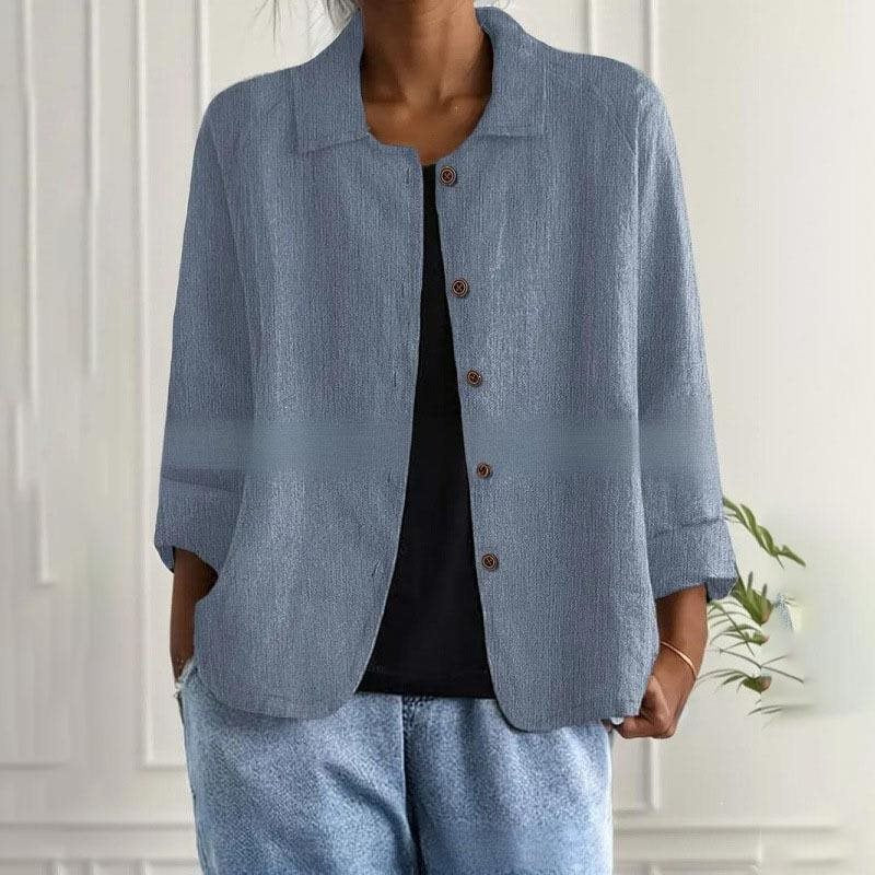 Damen Oversized Leinen-Hemdjacke mit Hemdkragen, 3/4-Ärmeln und durchgehender Knopfleiste Nord Taschen