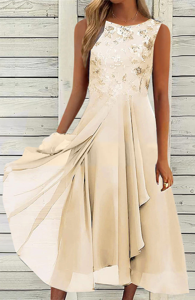 Damen nan ärmelloses Chiffon-Midikleid mit bestickter Brustpartie und asymmetrischem Lagenrock - Arvani