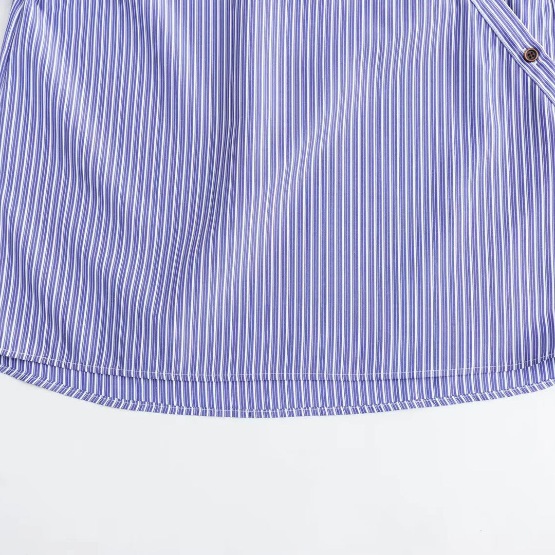 Damen Oversize Streifenbluse mit diagonaler Knopfleiste und Kentkragen Nord Taschen