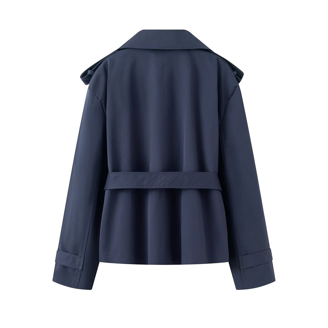 Damen Cropped-Trenchjacke mit weitem Schalkragen und Taillenbindegürtel Nord Taschen