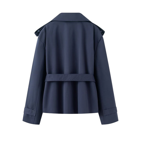 Damen Cropped-Trenchjacke mit weitem Schalkragen und Taillenbindegürtel Nord Taschen
