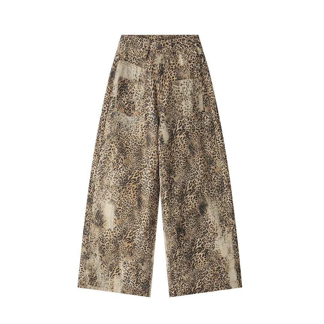 Damen Palazzo-Hose mit Leopardenmuster, hohem Bund und großen aufgesetzten Taschen Nord Taschen